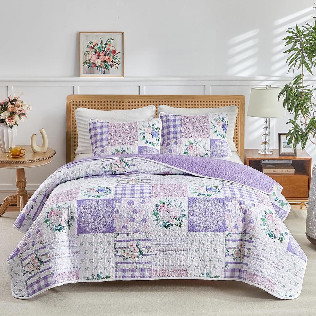 Joyreap 2 Pieces Floral Quilt Set Twin, Patchwork Purple n Pink Flowers Design, Smooth Soft Microfiber Quilt, Bedspread Bed Cover for All Season, 1 Quilt and 1 Pillow Sham- 68x86 inches (Twin-68"x86")