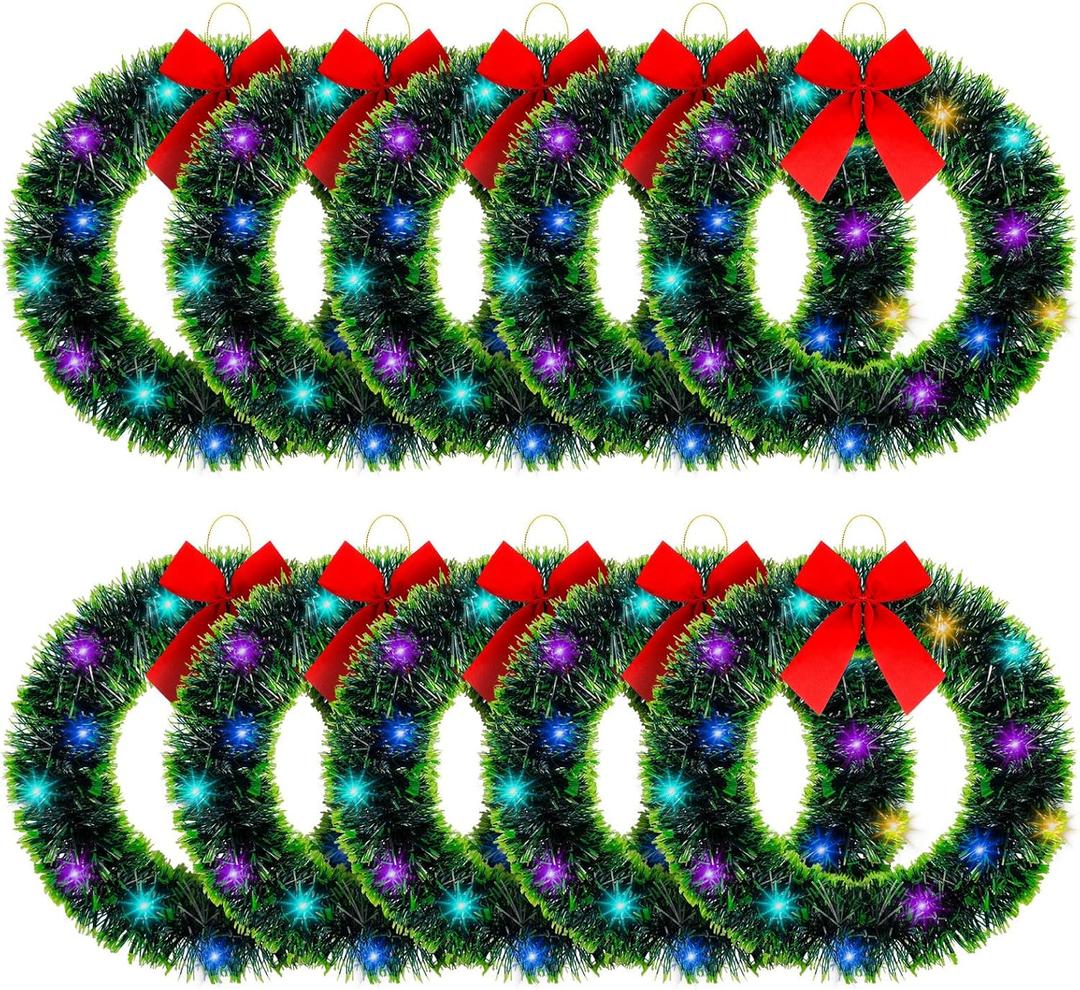 Jetec 10 Pcs Small Christmas Window Wreath with Red Bow Bulk 12 Indoor Lighted Christmas Wreath Artificial for Wall Front Door Farmhouse Kitchen Outdoor Holiday Decoration (Green)