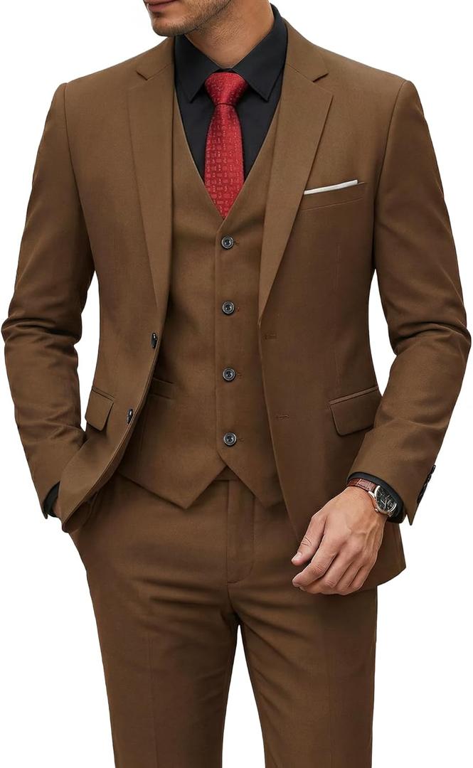 YND Men's 3 Piece Suit Set with Tie, 2 Button Slim Fit Solid Blazer Jacket Vest Pants, Business Wedding Party Suits for Men, Khaki, Large