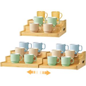 3-Tier Expandable Bamboo Mug Holder for Countertop Coffee Cup Holder Display Mug Organizer Mug Rack for Coffee Bar Organizer Mug Shelf for Cabinet for Kitchen, Home, No Assembly