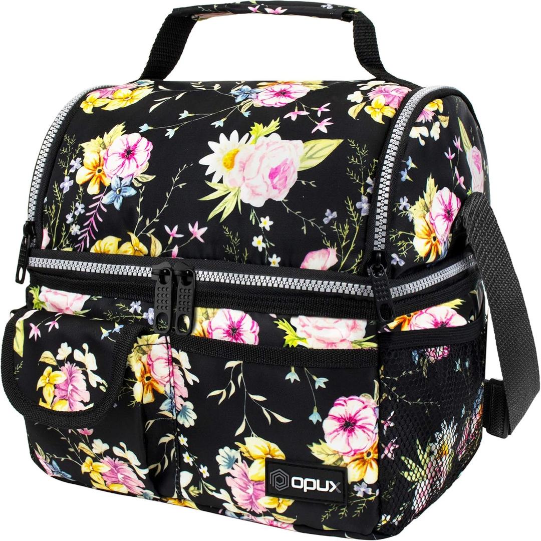 opux Insulated Lunch Bag Women Men, Dual Compartment Leakproof Lunch Box Adults Kids, Double Decker Meal Prep Bento Lunch Cooler Tote with Shoulder Strap for Work Office School Travel, Floral Black