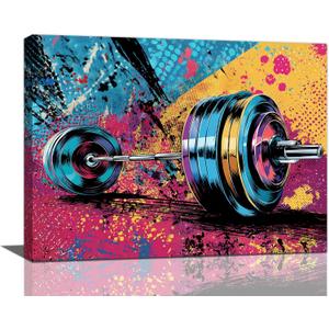 Gym Wall Art Weightlifting Fitness Canvas Wall Decor Barbell Sports Training Pictures Painting Banksy Street Graffiti Print Artwork Framed Decorations Gifts for Sports Lovers Gym Living Room Bedroom 12"x16"