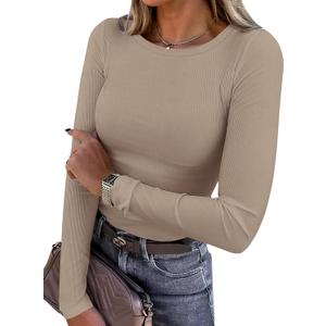 PRETTYGARDEN Women's Fall Long Sleeve Shirts Basic Tees (Light Khaki,S) | Comfy Stretchy Ribbed Fabric, Slim Fitted Underscrub, Crewneck Going Out Tops, Plain Layering Clothes, Spring Casual Outfits