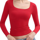 PUMIEY Women's Long Sleeve T Shirts Scoop Neck Slim Fit Going Out Tops Double Lined Basic Tee Smoke Cloud Collection