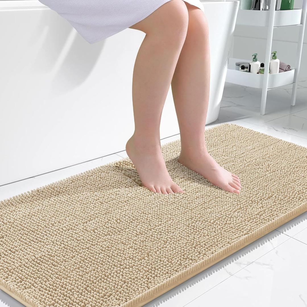 OLANLY Bathroom Rugs 47x24, Extra Soft Absorbent Chenille Bath Rugs, Rubber Backing Quick Dry, Machine Washable Bath Mats for Bathroom Floor, Tub and Shower, Home Decor Accessories, Beige