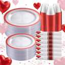 I00000 210 Pcs Red Plates Set,Clear and Red Plastic Plate Include 60 Plates,30 Cups,30 Rolled Napkins with Plastic Cutlery for Wedding & Valentine's Day