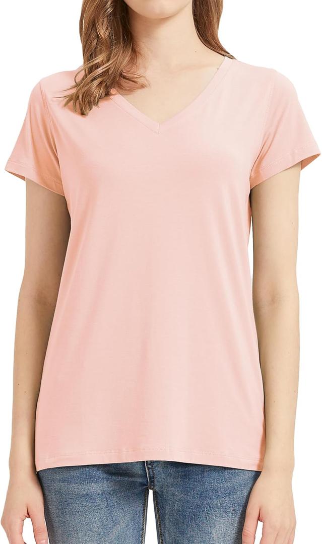 netdraw Women's Ultra-Soft Bamboo Viscose V-Neck T-Shirt Comfy Trendy Casual Sleep Pajama Lounge Tops (XX-Large, Pink)