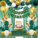 Green Birthday Decorations, Emerald Green and Gold Balloons Party Decorations Happy Birthday Banner Emerald Green Fringe Curtain Bday Tablecloth Paper Pom Poms for Women Men Bday Decor