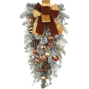 30" Christmas Teardrop Swag for Front Door Artificial Winter Swag Garland with Pine Cones, Berry Clusters, Bronze Ball Ornaments and Ribbons for Thanksgiving Holiday Christmas Decoration