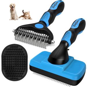 3PCS Self Cleaning Slicker Brush & Pet Grooming Rake & Bath Brush for Dogs and Cats | Skin Friendly Deshedding Grooming Tool & Double-Sided Dematting Tool | Premium Pet Supplies (Blue Black)