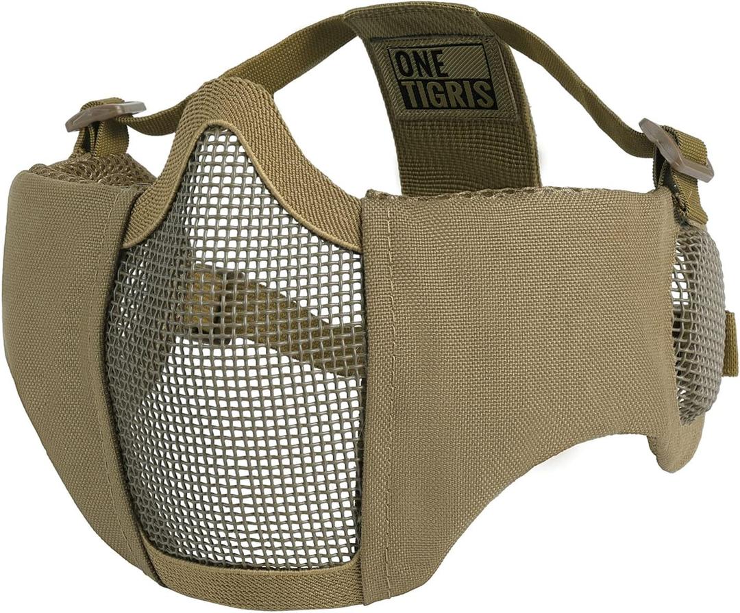 OneTigris 6" Foldable Half Face Airsoft Mesh Mask with Ear Protection, Military Tactical Lower Face Protective Mask (Tan)