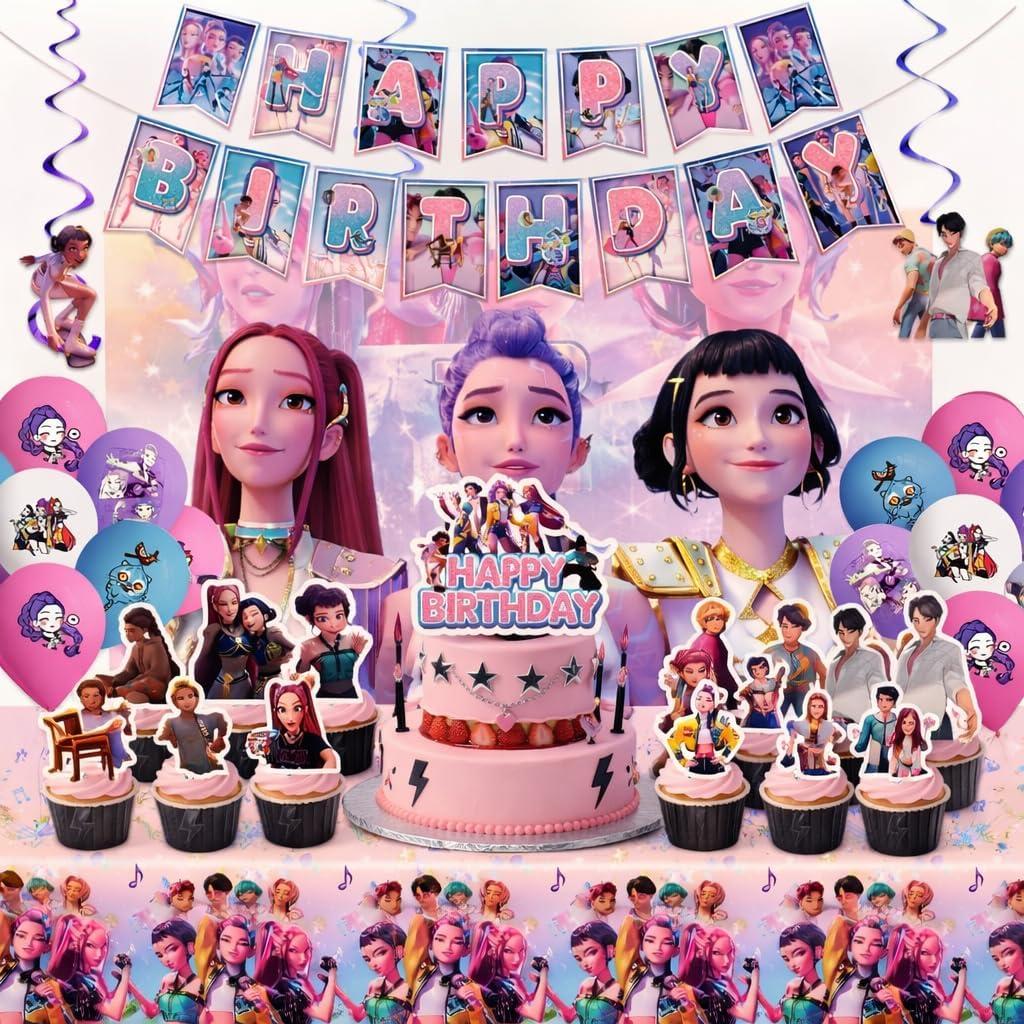 For K Pop Demon Hunters Birthday Decorations Set, 50Pcs Birthday Party Supplies, Theme Party Supplies with Happy Birthday Banner Supplies Decorations Letter Balloons for Boys Girls Kpop Theme Party