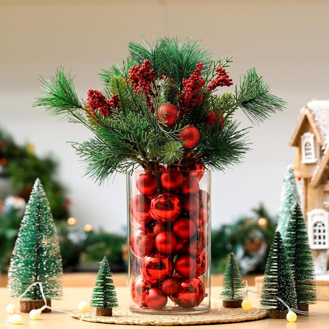 Giegxin 54 Pcs Red Christmas Centerpiece for Table DIY Farmhouse Xmas Decor for Dinning Table 6 Artificial Pine Branches 47 Red Vase Filler Balls 1 Glass Vase for Kitchen Tabletop Decor