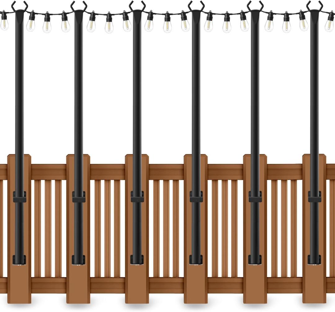 6 Pack 5 Ft String Light Poles, String Light Poles for Outside with Fixing Clips, Metal Poles for Outdoor String Lights, Hanging Light Poles for Deck Fence Garden Backyard Wall Bistro