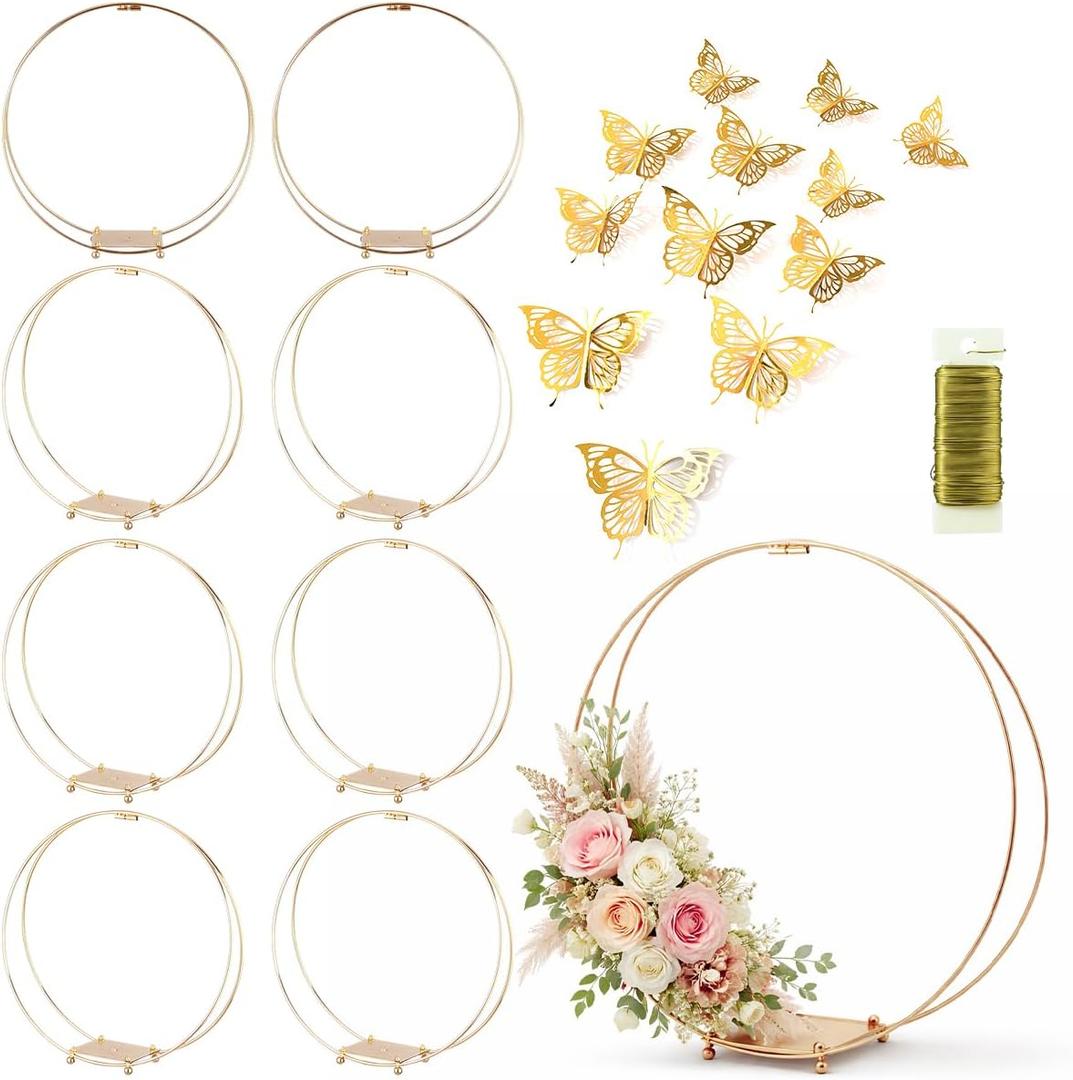 8 Pack 18 Inches Metal Double Floral Hoop Centerpieces with Stand and 38-Yard Paddle Wire Craft Centerpiece Table Decorations Wedding/Baptism/Party/Centerpiece DIY Metal Ring Table Dcor, Gold