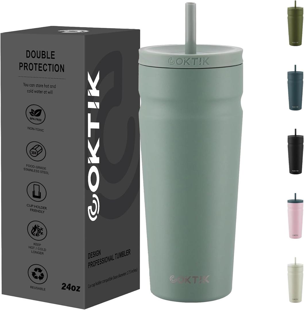 COKTIK 24oz Insulated Tumbler with Lid and Straw Iced Coffee Cup Reusable Stainless Steel Travel Mug Water Bottle Cupholder Friendly for Women Men Her Him (Bay Leaf)