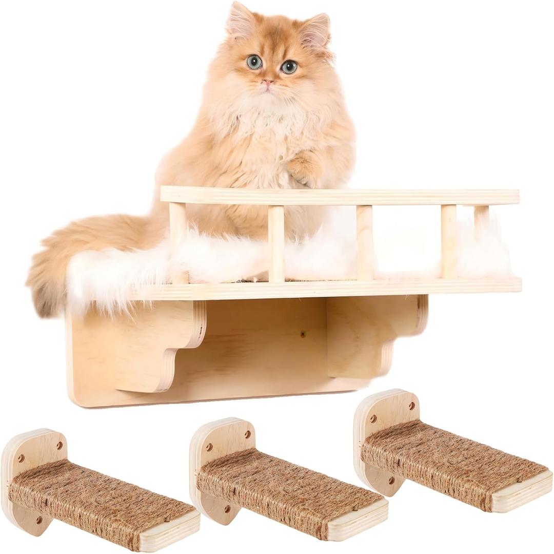 Cat Wall Shelf with 3 Cat Wall Steps, Cat Wall Shelves with Plush Coverd, Cat Climbing Shelf for Indoor Cat, Cat Wall Furniture Cat Shelf for Wall (Wood)