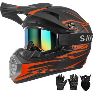 DOT Approved Youth Kids Motocross Helmet - Ultra-Lightweight Full Face Dirt Bike/ATV Helmet with Goggles, Gloves & Face Shield (4-Piece Set) (Medium, Red Orange)
