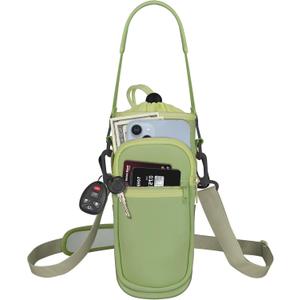 Water Bottle Holder with Strap, Water Bottle Carrier Bag with Phone Pocket, Shoulder Hand Strap Insulated Neoprene 32/40 oz Water Bottle Sleeve for Walking Hiking Camping Gym (7 GREEN)