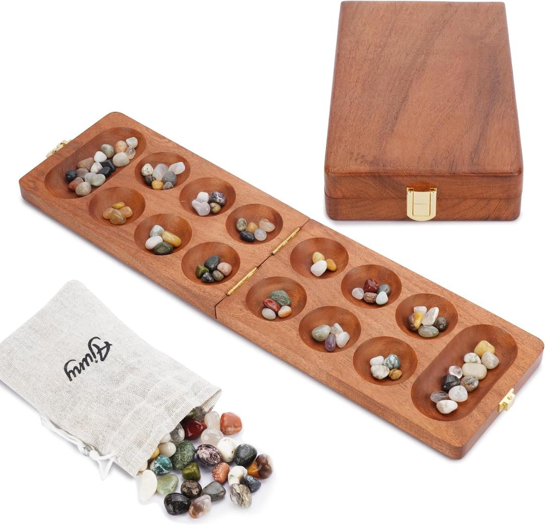 Ajuny Wooden Mancala Board Game Set  Classic Board Games, Portable Folding Travel Mancala Board with Marbles (72+8 Stones), Ideal Family Wooden Games for Adults & Kids (9.5 Inch, Brown)