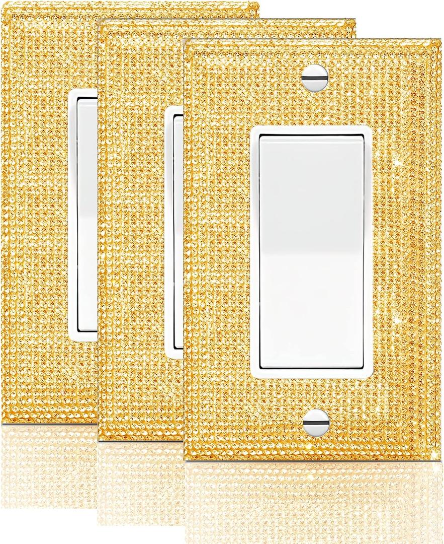 Gaocai 3 Pcs Silver Shiny Golden Rhinestones Light Switch Cover Durable Silver Rhinestone Wall Plate Cover Decorative Electrical Outlet (Standard Size)