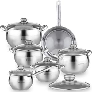 Daniks Classic 12-Piece Stainless Steel Induction Cookware Set  Dishwasher Safe Saucepan, Frying Pan, and Pots with Lids, Measuring Scale, Silver