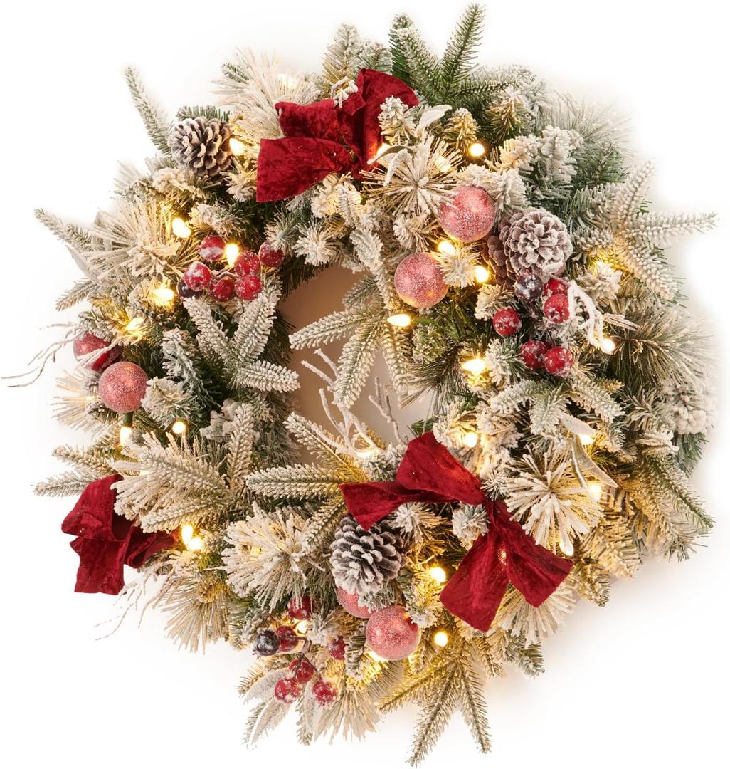 AMERZEST Pre-lit Snow Christmas Wreath with Red Balls,Berries and Bows,24 Inch 50 Battery Operated LED Lights,Holiday Decoration for Front Door Outdoor