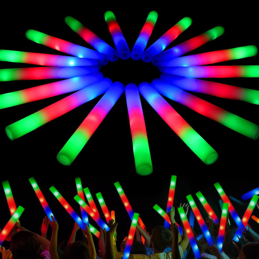 JOYIN 24 PCS LED Light Up Foam Sticks, Glow Sticks Party Favors Bulk with 3 Modes Color Flashing Glow Party Supplies for Spooky Celebrations, Wedding, Camping, Birthday, Raves, Carnival
