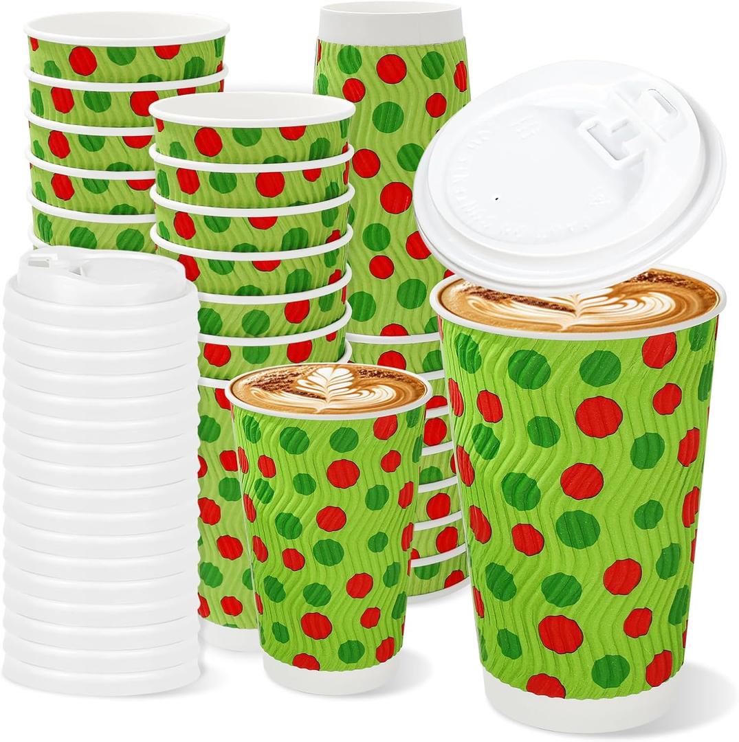 JarThenaAMCS 100Pcs Green Christmas Disposable Coffee Cups with Lids Paper Cups Red Green Dot Corrugated Ripple Wall Insulated Hot Cup for Xmas Winter Supplies, 16oz