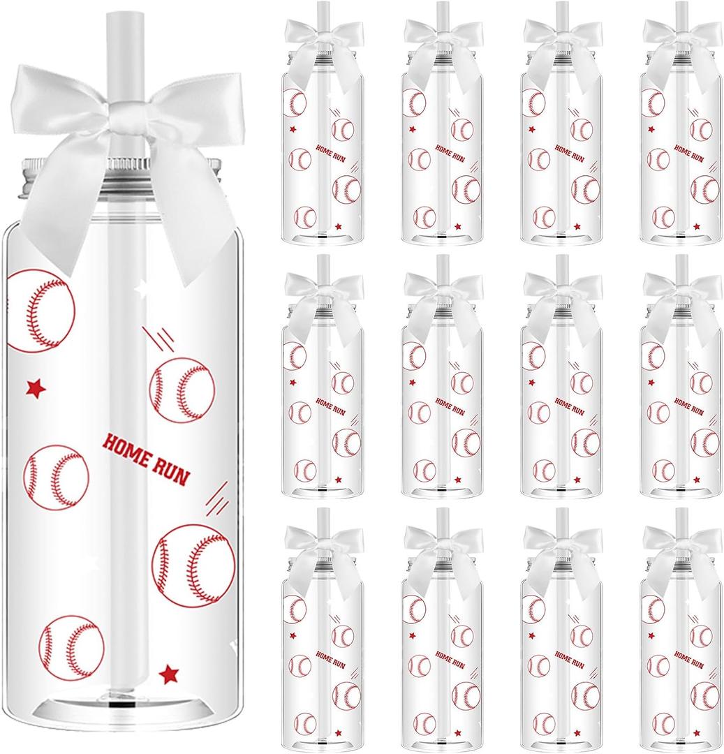 12 Pack 14.2 oz Plastic Cups with Lids and Straws Clear Reusable Cups Twist Bows Tumbler Bottle for Birthday Sports Themed Party Favors Decorations Bulk (Baseball), Small