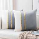 ZLINA Set of 2 Velvet Decorative Throw Pillow Covers Grey White Patchwork with Gold Leather Pillow Covers 16  16 Inch Cushion Covers Decor Living Room Sofa Bedroom Car