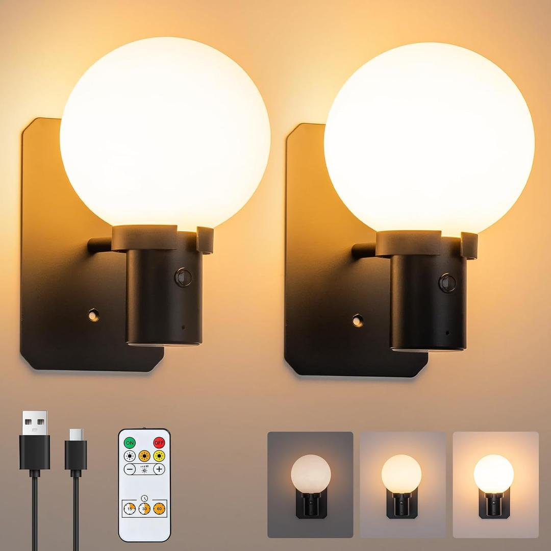 Black LED Wall Sconces Set of Two Round Wall Lamp with Remote Dimmable 2700K Cordless Lamp USB Rechargeable Night Light Desk Lamp for Bedroom Living Room Dining Room