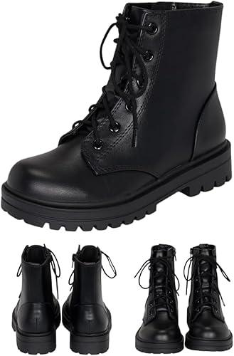 Chariot & Co Brace-IIS - Unisex/Girls/Boys/Kids/Children Lace Up Side Zipper Vegan Leather Lug Sole Combat Boots, 4 Little Kid