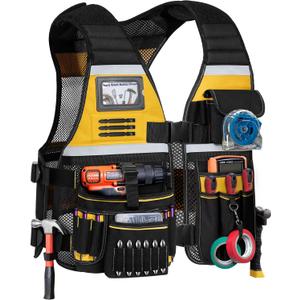 Tool Vest for Men with Adjustable Strap, Reflective Safety Work Vest for Electrician, Carpenter, Construction, Black and Yellow