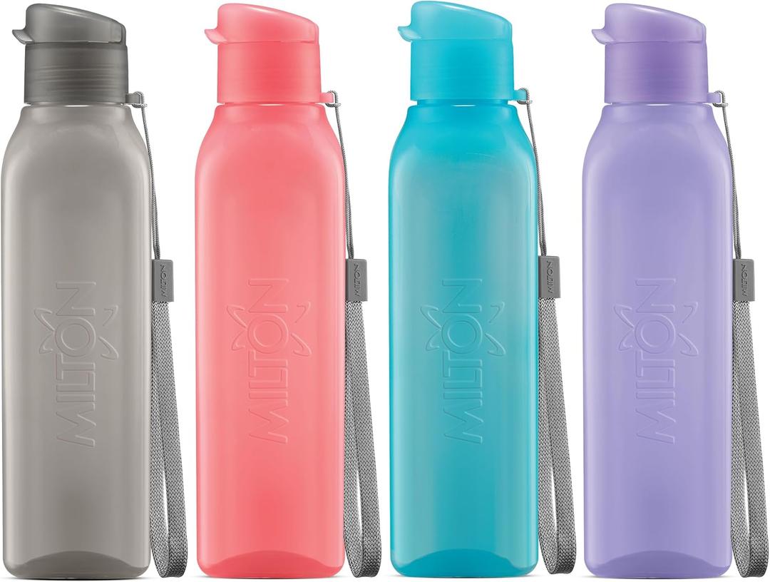 MILTON Sports Water Bottle Square Juice Box 4 Set 17 oz. Great for Juices Milk Smoothies Plastic Wide-Mouth Reusable Leak Proof Drink Bottle/Carton for School Bags Lunch Boxes Gym Flip Lid -BPA Free