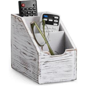Remote Control Holder, TV Remote Holder, Wood Farmhouse Remote Caddy for Table, Remote Organizer Caddy with 3 Slots, Remote Storage Box for Home Office, Rustic White