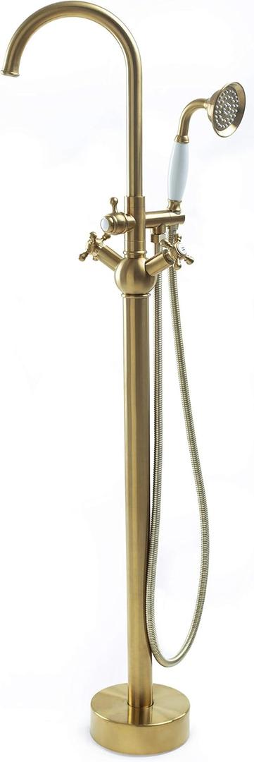 SITGES Solid Brass Freestanding Bathtub Faucet, Bathroom Floor Mount Tub Filler, Dual Function Double Cross Handle with Ceramic Hand Shower, Brushed Gold