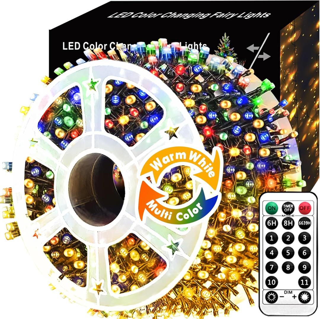 Voolex Christmas Lights 204FT 600 LED 2 Color Changing Christmas String Lights Multicolor or Warm White Dimmable 11 Modes with Remote Control Timer for Indoor Outdoor Tree,Patio (Not Connectable)