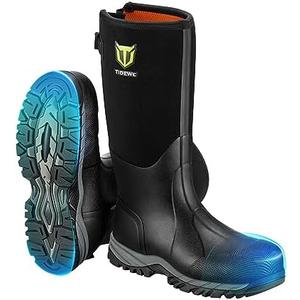 TIDEWE Work Boots Puncture-Proof with Steel Toe & Shank, Waterproof Anti Slip Rubber Boots for men, 6mm Neoprene Outdoor Boots, Durable Hunting Boots for Manufacturing, Construction, Farming(Black,Size 7-13)