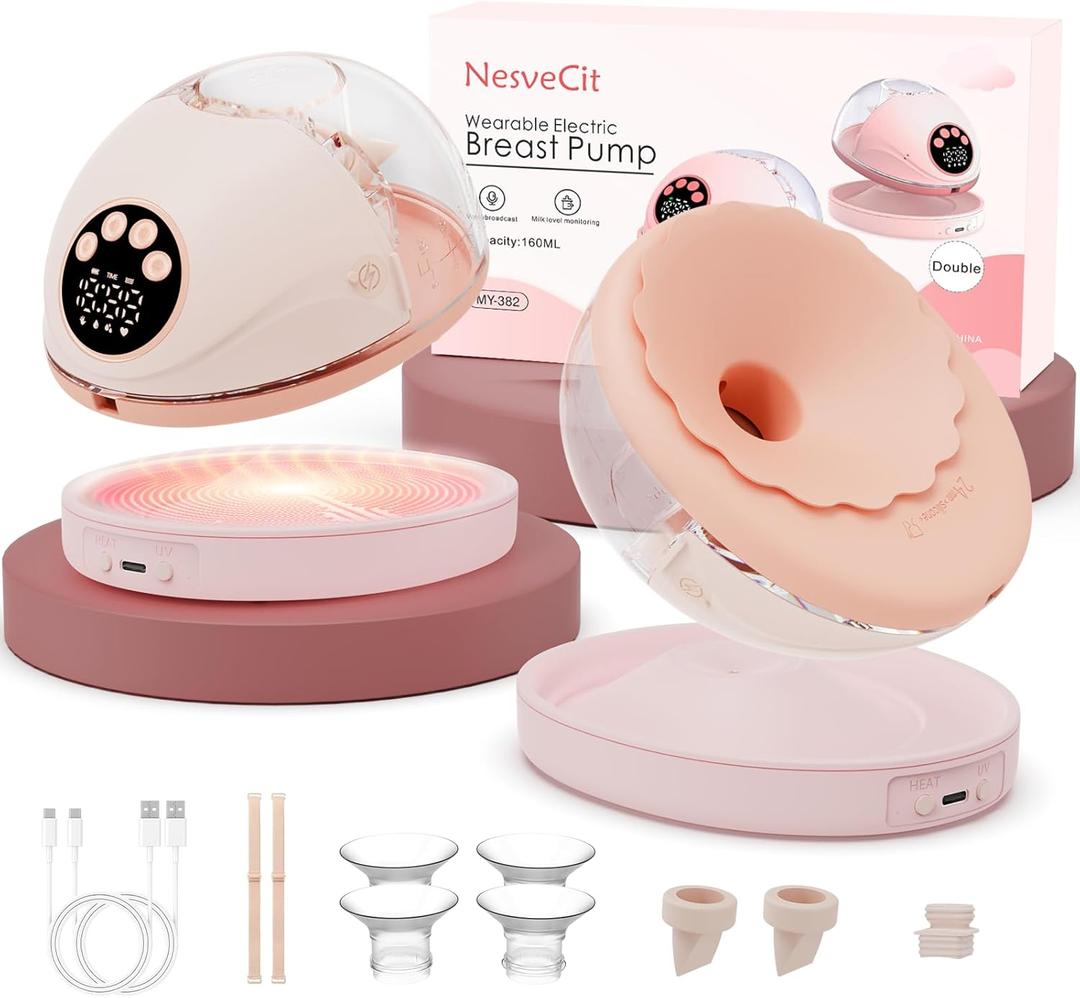 Heated Wearable Breast Pump, Electric Hands-Free Breast Pump with Voice Reminder & Auto-Stop Fuction, 6 Modes/12 Levels Hospital Grade Suction with 3 Flange Sizes, Ultra-Slim for in-Bra Use, 2 Pack