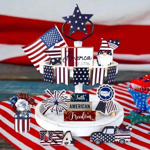 4th of July Tiered Tray Decorations, 16 Pcs Wooden Patriotic Tiered Tray Decor Set Red White Blue Rustic Farmhouse Table Sign for Independence Day Memorial Day Home Party, 9 mm Thickness