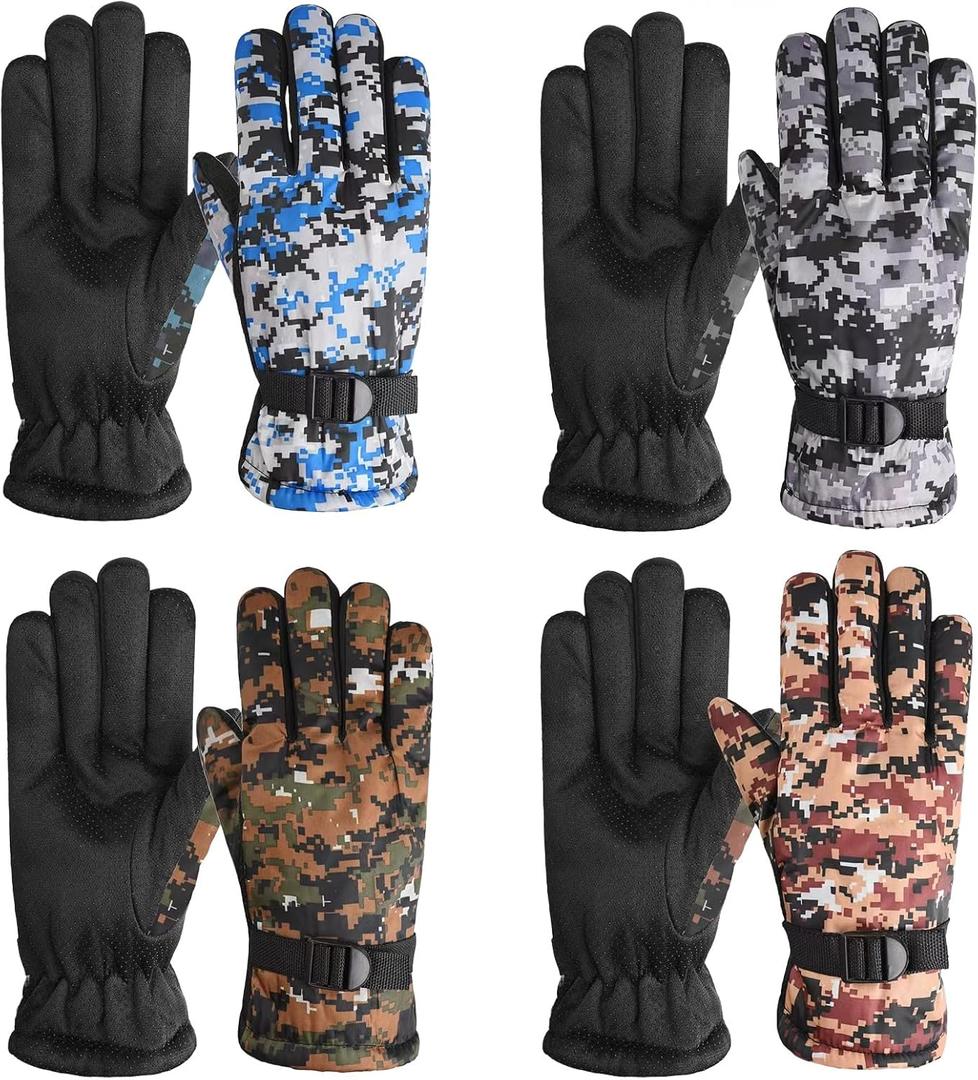 stablerice 4 Pairs Winter Gloves for Kids Waterproof Snow Ski Gloves Kids Cycling Gloves Non-Slip Full Finger Gloves for Child Warm Unisex Camouflage Clothes for Cold Weather Girls Boys