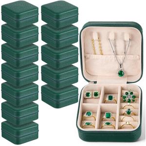 12 Pcs Bulk Travel Portable Jewelry Holder with Zipper, Small PU Leather Jewelry Organizer with Dividers, Bridesmaid Gifts Jewelrys Box, for Women Girls Rings Necklace Earring Organization(Green)