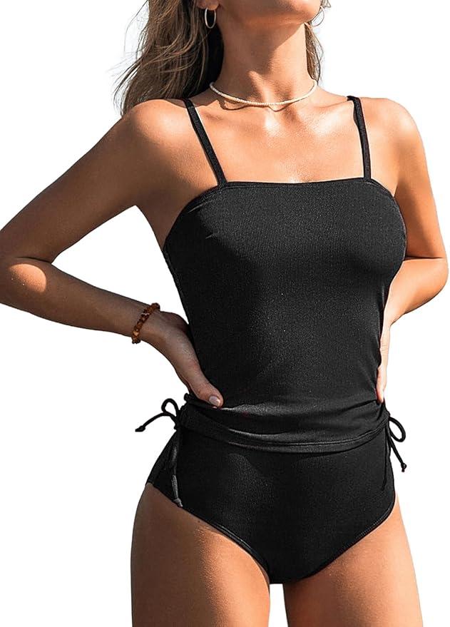 CUPSHE Women's Tankini Set Two Piece Swimsuit Ruched Drawstring Bathing Suits with High Waisted Bottom Rib, L