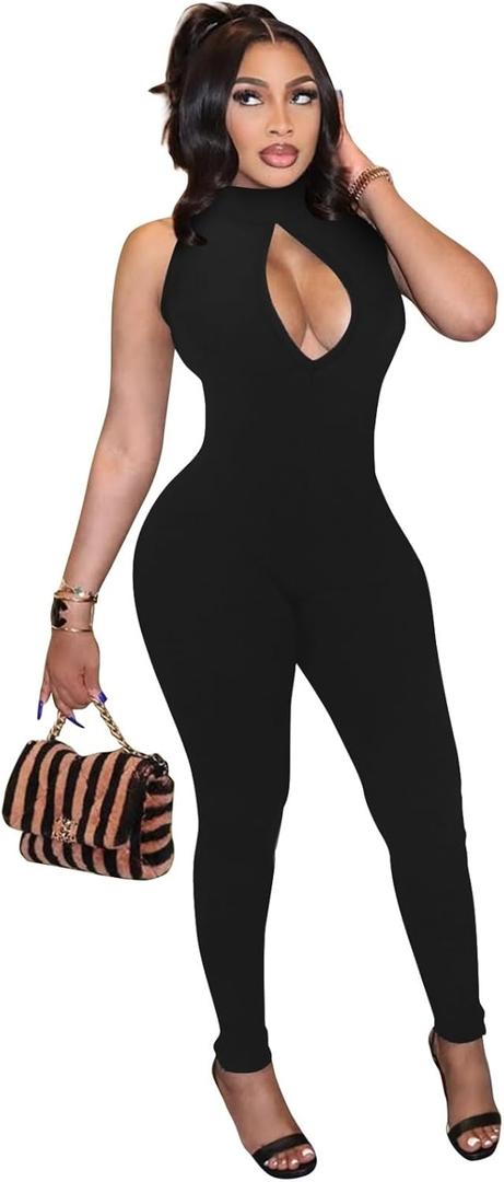 Hafailia Womens Sexy Sleeveless One Piece Jumpsuits Cutout Bodycon High Waisted Club Outfits Catsuits (Black, L)
