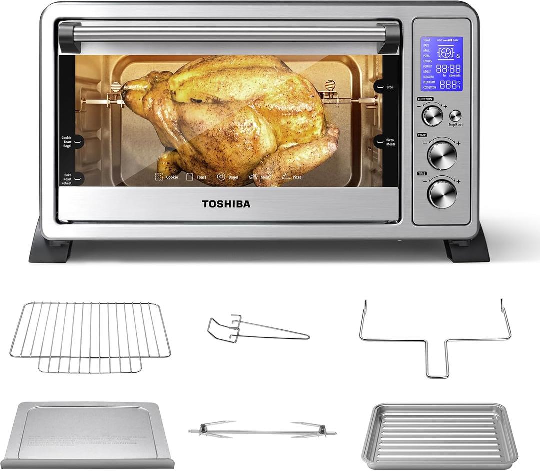 TOSHIBA AC25CEW-SS Large 6-Slice Convection Toaster Oven Countertop, 10-In-One with Toast, Pizza and Rotisserie, 1500W, Stainless Steel, Includes 6 Accessories (25L)