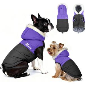 Dog Winter Coat with Hood, Fleece Lined Waterproof Dog Jacket,Warm Snowsuit for Small Medium Dog (M(Chest:21.3", Back: 15.7"), black&purple)