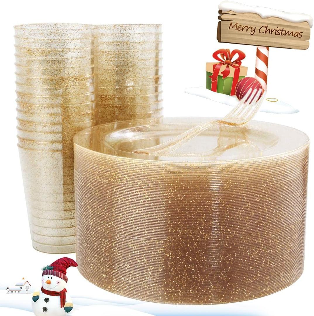 WELLIFE 150PCS Gold Dessert Plates  Gold Glitter Party Plates, Cups & Forks, Plastic Disposable Dinnerware Set for 50 Guests, Christmas, New Years Eve & Holiday Party Supplies
