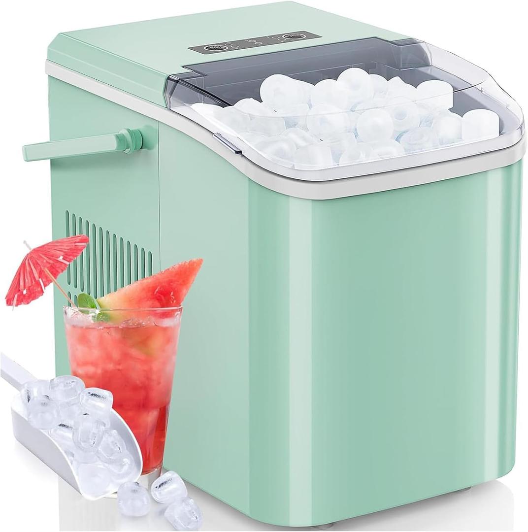 DUMOS Ice Makers Countertop with Handle Ice Machine, Fast in 6 Mins, 26lbs in 24 Hours, Quiet Self-Cleaning, Compact Size Portable for Home, Kitchen, RV, Camping,Modern Green (12.5"11.6"8.8")