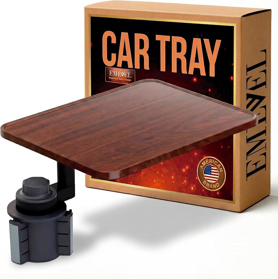 EMEVEL - 360 Rotating Wood Car Tray  Adjustable Car Desk & Car Table Tray, Cup Holder Table Fits Any Vehicle, Portable Table for Eating, Laptop, Travel, Work, Drive Thru Tray, Car Laptop Mount